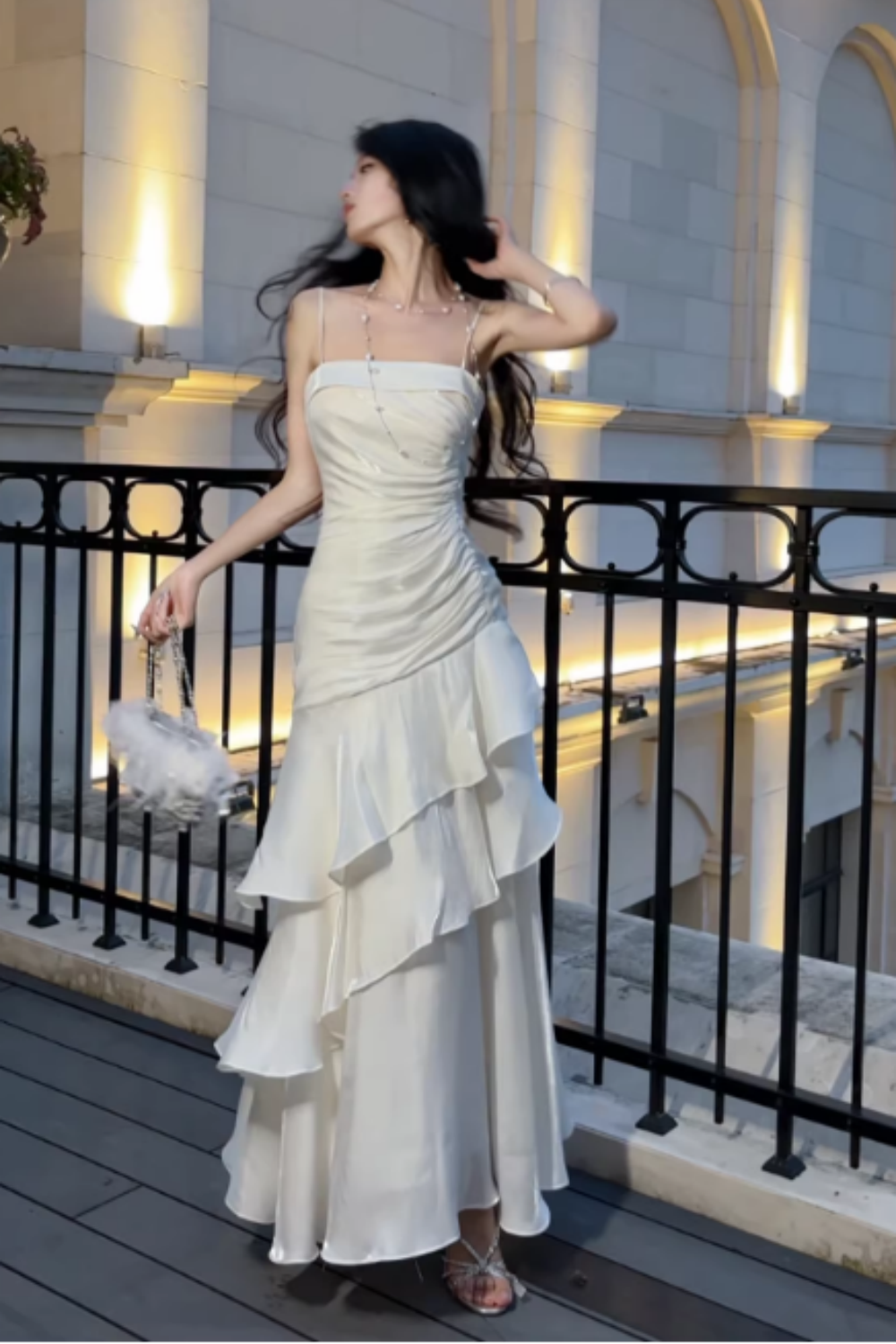 Ivory Satin Spaghetti Strap Mermaid Prom Dress, Ruched Ruffle Formal Evening Gown FD019
