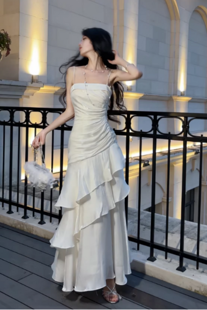 Ivory Satin Spaghetti Strap Mermaid Prom Dress, Ruched Ruffle Formal Evening Gown FD019