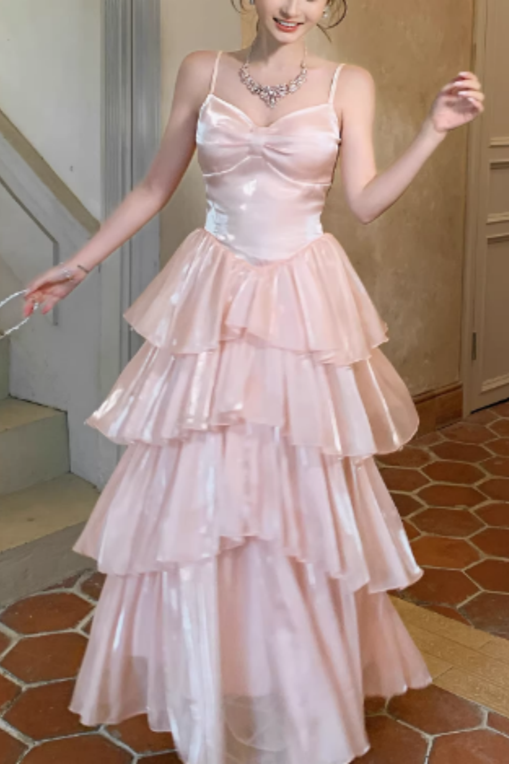 Pink Satin Prom Dress, Strappy Layered Ruffle Evening Gown for Prom Banquet FD020