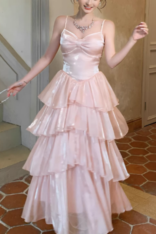 Pink Satin Prom Dress, Strappy Layered Ruffle Evening Gown for Prom Banquet FD020