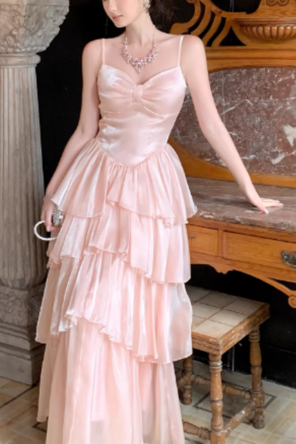 Pink Satin Prom Dress, Strappy Layered Ruffle Evening Gown for Prom Banquet FD020