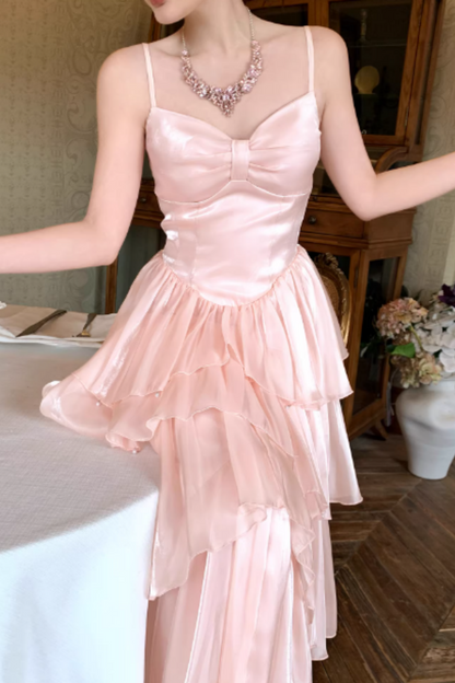 Pink Satin Prom Dress, Strappy Layered Ruffle Evening Gown for Prom Banquet FD020