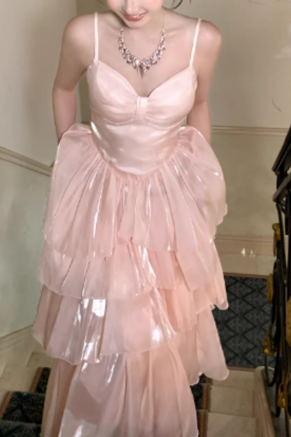 Pink Satin Prom Dress, Strappy Layered Ruffle Evening Gown for Prom Banquet FD020