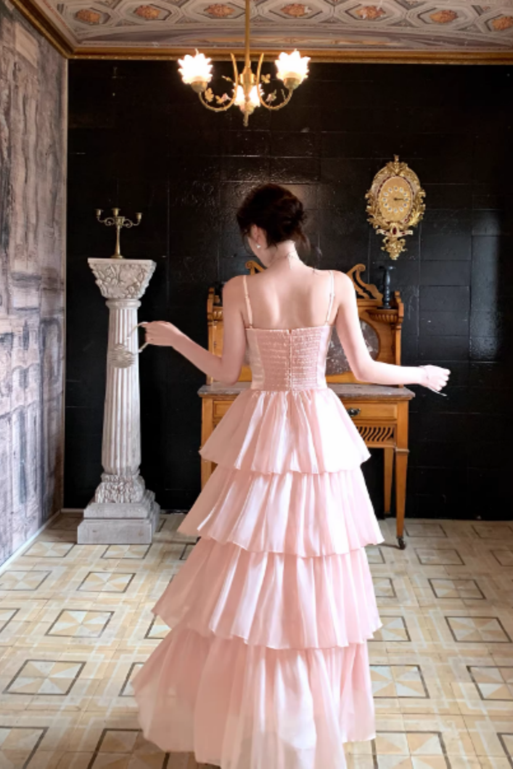 Pink Satin Prom Dress, Strappy Layered Ruffle Evening Gown for Prom Banquet FD020