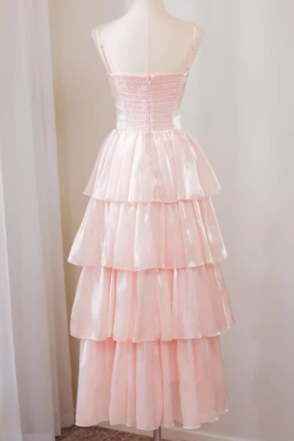Pink Satin Prom Dress, Strappy Layered Ruffle Evening Gown for Prom Banquet FD020