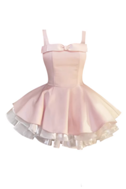 Formal Blush Pink Satin Homecoming Dress, Spaghetti Strap Bow Detail A-Line Mini Gown FD021