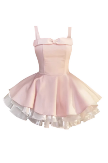 Formal Blush Pink Satin Homecoming Dress, Spaghetti Strap Bow Detail A-Line Mini Gown FD021