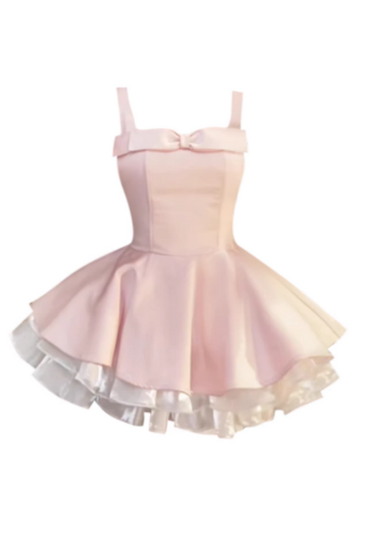 Formal Blush Pink Satin Homecoming Dress, Spaghetti Strap Bow Detail A-Line Mini Gown FD021