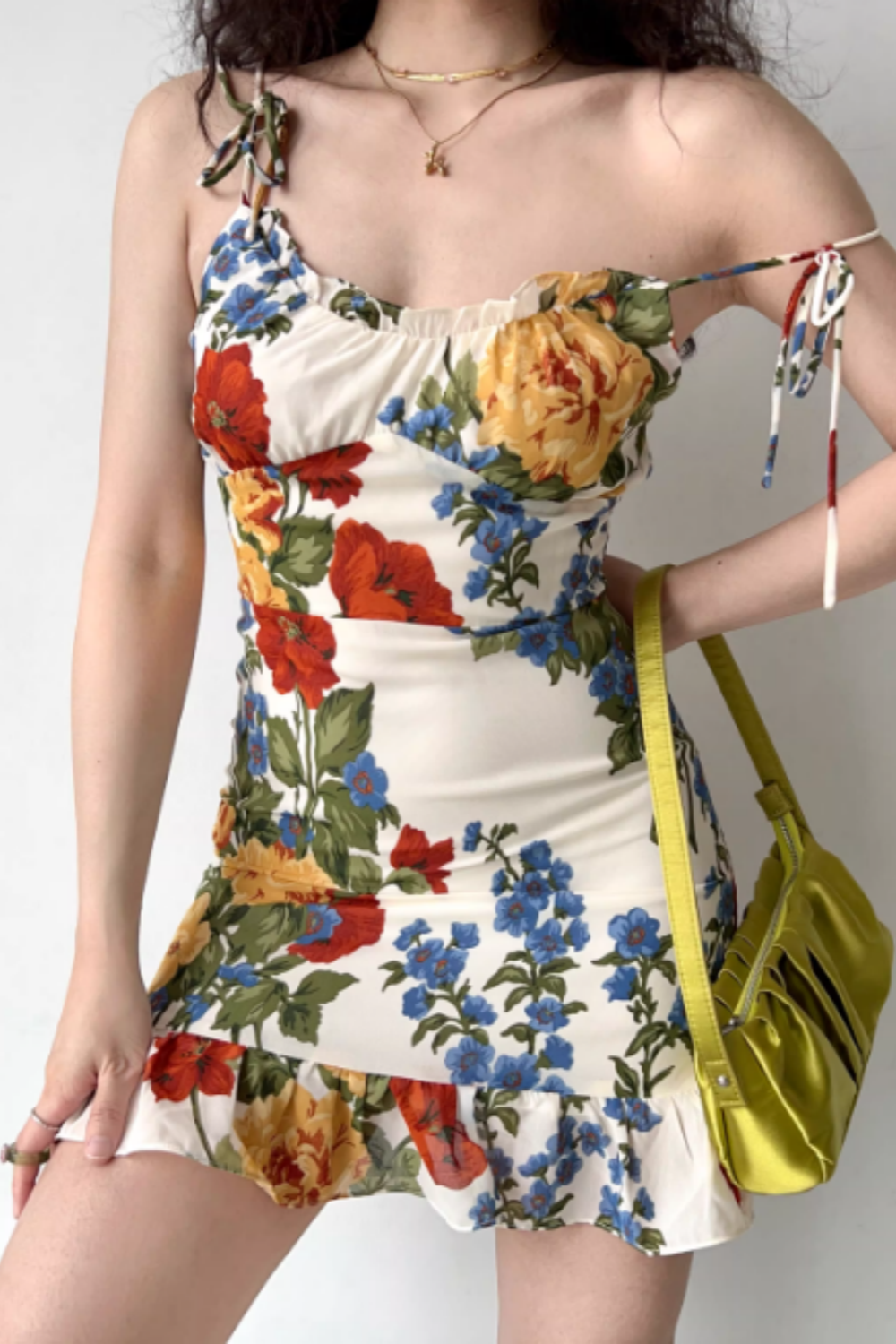 Women's Vintage-Style Strappy Dress Oil Painting Print, Ruffled Hem, A-Line Mini Dress 001