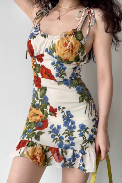 Women's Vintage-Style Strappy Dress Oil Painting Print, Ruffled Hem, A-Line Mini Dress 001