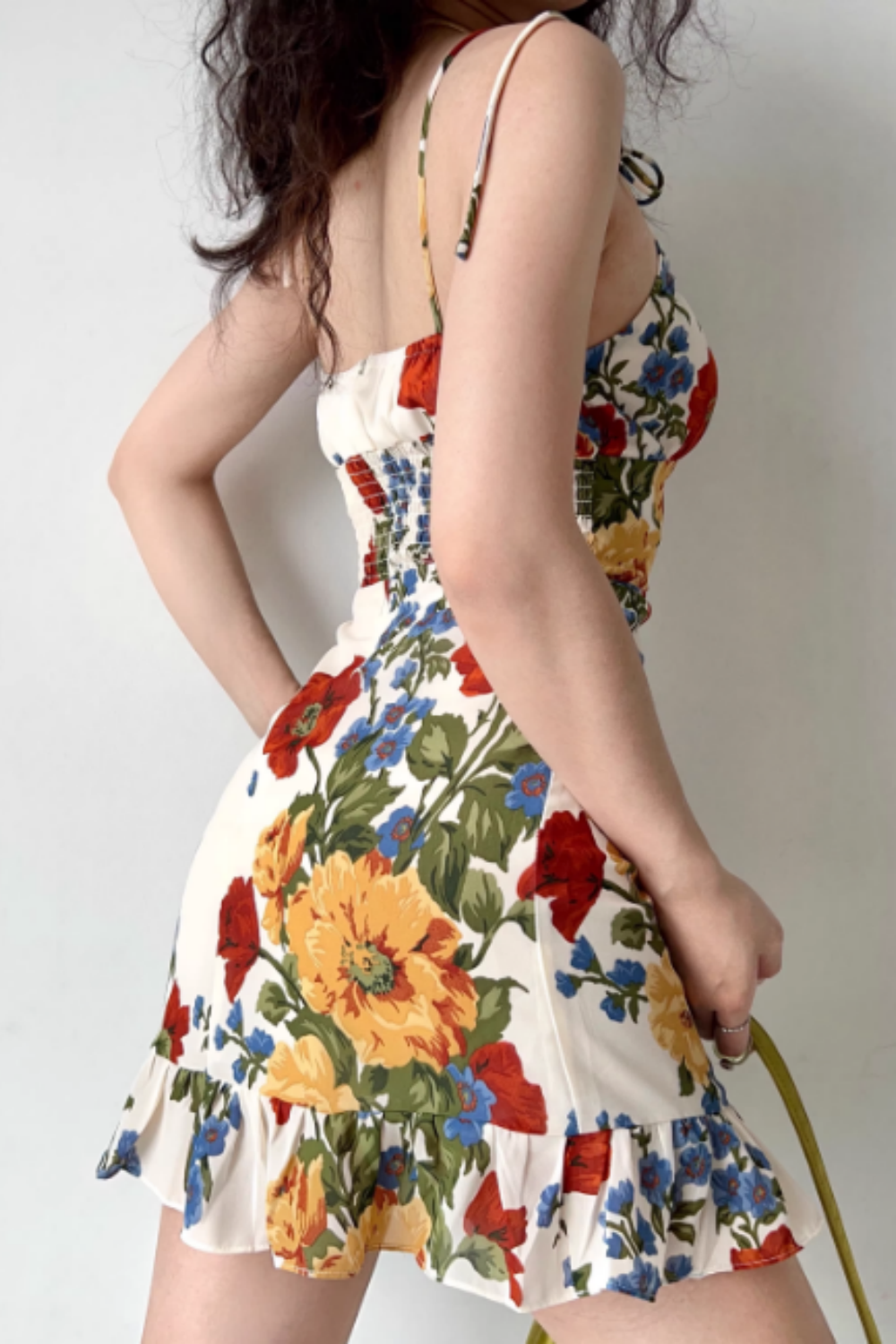 Women's Vintage-Style Strappy Dress Oil Painting Print, Ruffled Hem, A-Line Mini Dress 001
