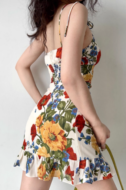 Women's Vintage-Style Strappy Dress Oil Painting Print, Ruffled Hem, A-Line Mini Dress 001