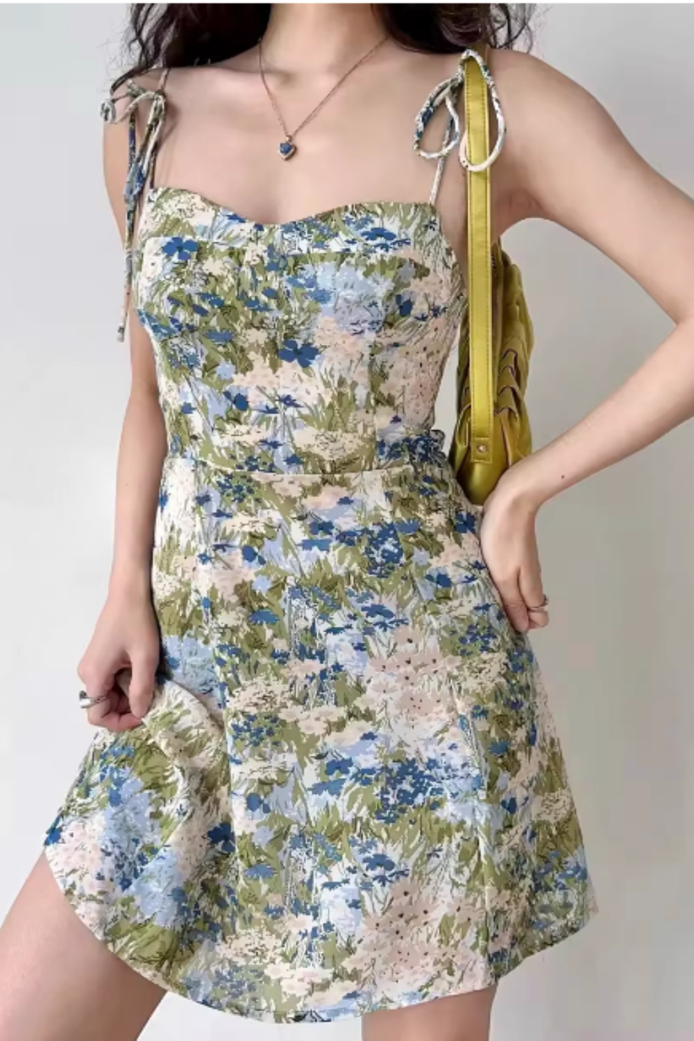 French Retro-Style Women's Summer Sundress Printed A-Line Mini Dress with Shoulder Straps, Slim-Fit and Waist-Cinching 002