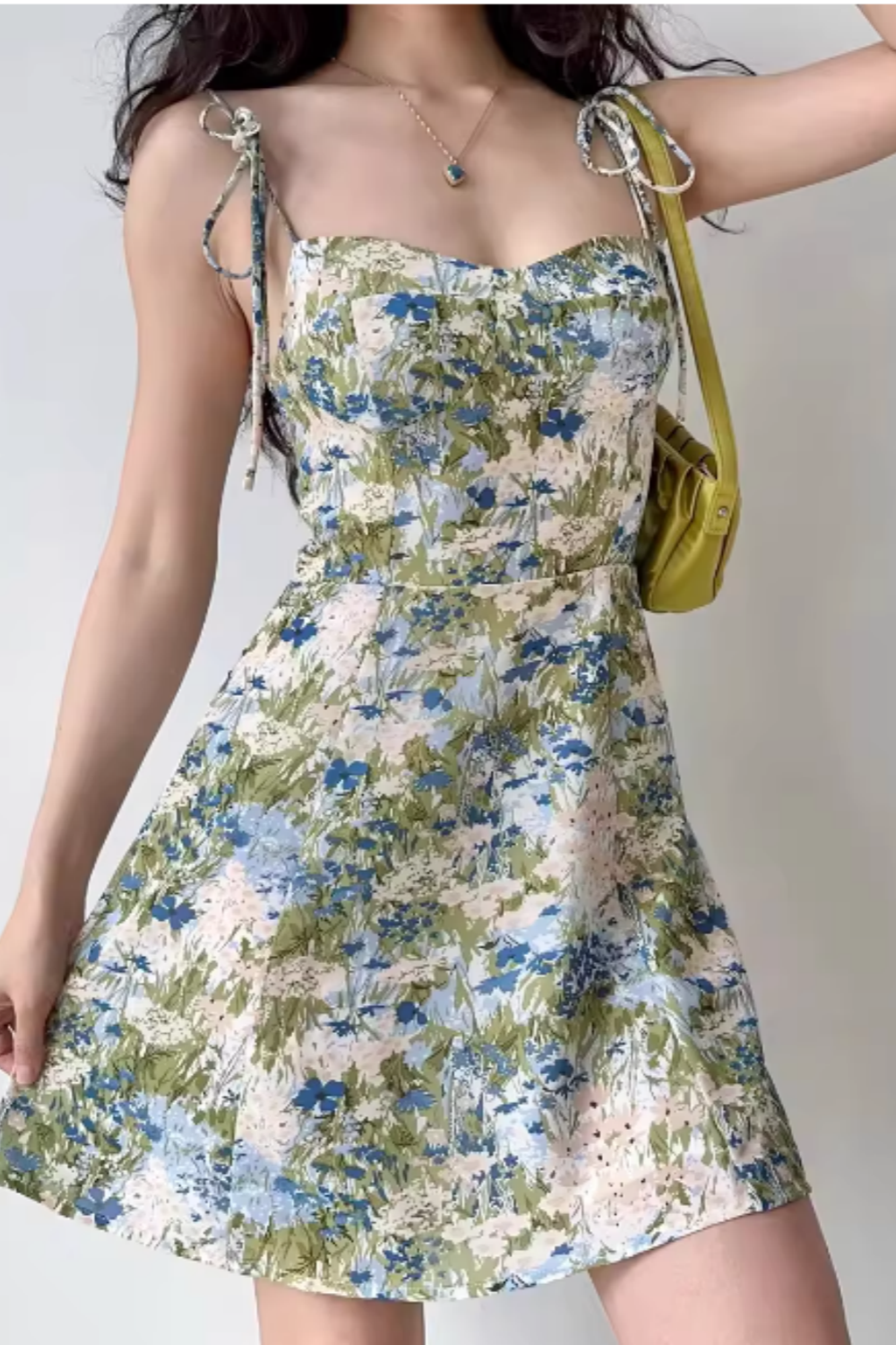 French Retro-Style Women's Summer Sundress Printed A-Line Mini Dress with Shoulder Straps, Slim-Fit and Waist-Cinching 002