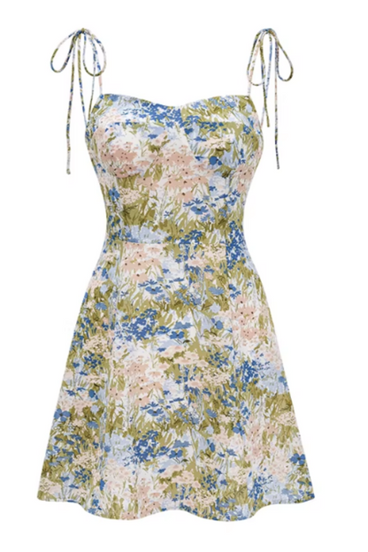 French Retro-Style Women's Summer Sundress Printed A-Line Mini Dress with Shoulder Straps, Slim-Fit and Waist-Cinching 002