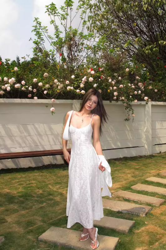 Women's Lace Stretch Jacquard Slip Dress Vintage Floral Pattern, Waist-Cinching, Slimming Maxi Dress 004