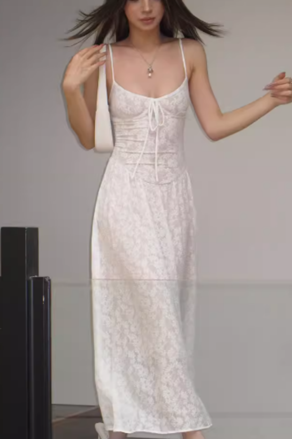 Women's Lace Stretch Jacquard Slip Dress Vintage Floral Pattern, Waist-Cinching, Slimming Maxi Dress 004