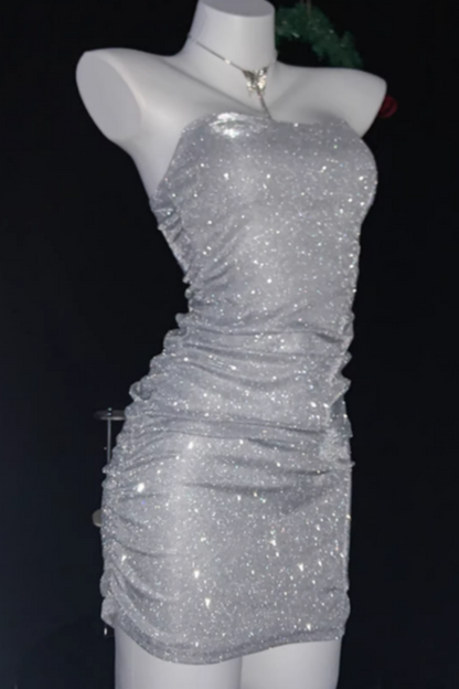 New Arrival Glittery Bodycon Dress Sexy V-Neck Strapless Mini Dress  Party Attire 006