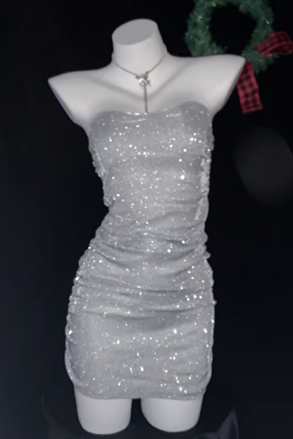 New Arrival Glittery Bodycon Dress Sexy V-Neck Strapless Mini Dress  Party Attire 006