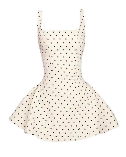 White polka dot dress, sophisticated style, puffy short skirt, fashionable women's dress 008