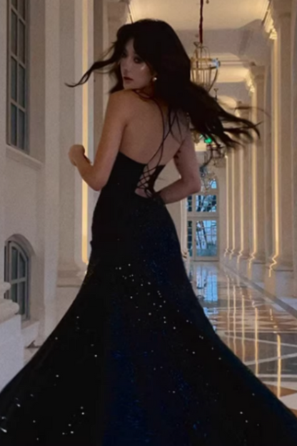 Black Sequin Spaghetti Strap Lace-up Back Mermaid Prom Dress, Split Formal Evening Gown Floral-07
