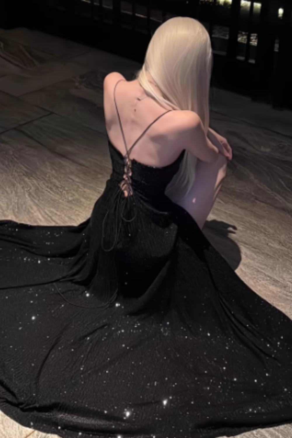 Black Sequin Spaghetti Strap Lace-up Back Mermaid Prom Dress, Split Formal Evening Gown Floral-07