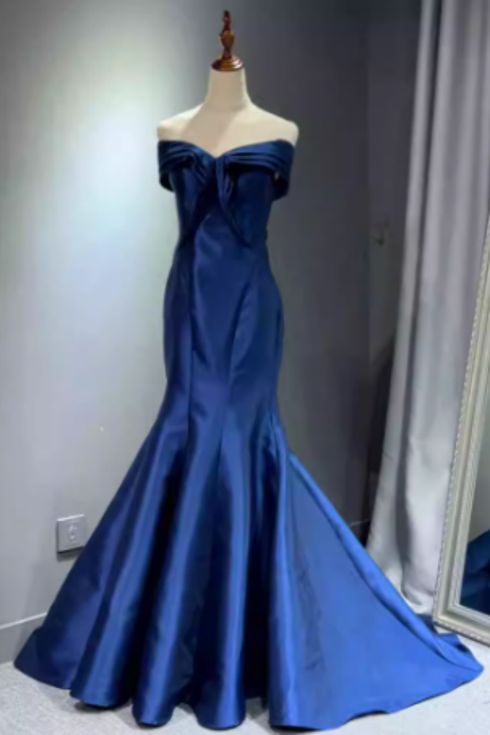 Royal Blue Satin Off-the-shoulder Mermaid Prom Dress, Lace-up Back Formal Evening Gown with Train Floral-08