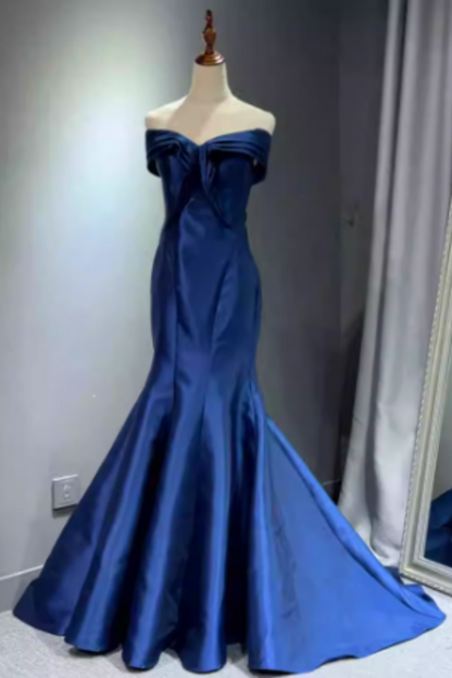 Royal Blue Satin Off-the-shoulder Mermaid Prom Dress, Lace-up Back Formal Evening Gown with Train Floral-08