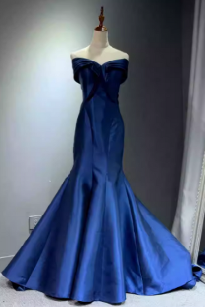 Royal Blue Satin Off-the-shoulder Mermaid Prom Dress, Lace-up Back Formal Evening Gown with Train Floral-08