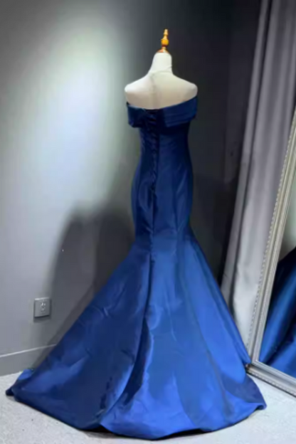 Royal Blue Satin Off-the-shoulder Mermaid Prom Dress, Lace-up Back Formal Evening Gown with Train Floral-08