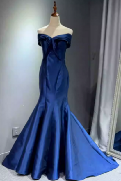 Royal Blue Satin Off-the-shoulder Mermaid Prom Dress, Lace-up Back Formal Evening Gown with Train Floral-08