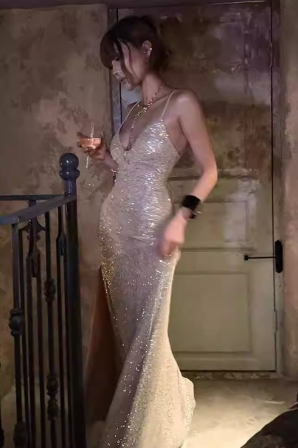 Champagne Gold Sequin Spaghetti Strap Prom Dress, Lace-up Back Mermaid Formal Evening Gown Floral-09