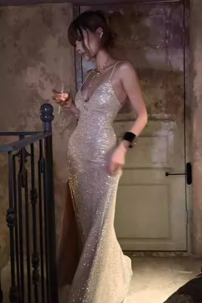 Champagne Gold Sequin Spaghetti Strap Prom Dress, Lace-up Back Mermaid Formal Evening Gown Floral-09