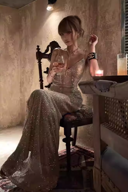 Champagne Gold Sequin Spaghetti Strap Prom Dress, Lace-up Back Mermaid Formal Evening Gown Floral-09