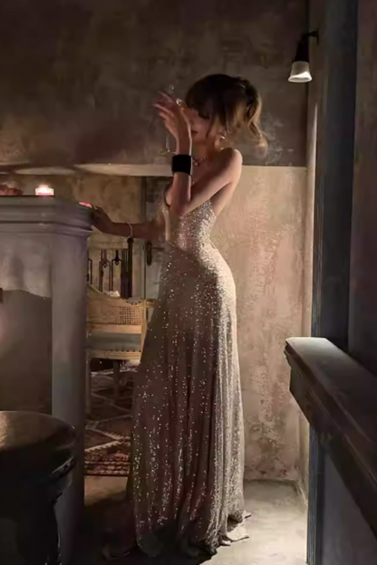 Champagne Gold Sequin Spaghetti Strap Prom Dress, Lace-up Back Mermaid Formal Evening Gown Floral-09
