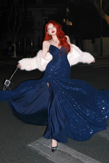 Navy Blue Sequin Spaghetti Strap Lace-up Back Mermaid Prom Dress, Split Formal Evening Gown Floral-010