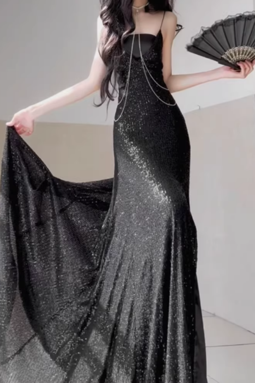 Black Sequin Spaghetti Strap Chain Detail Lace-up Back Mermaid Prom Dress, Split Formal Evening Gown Floral-011
