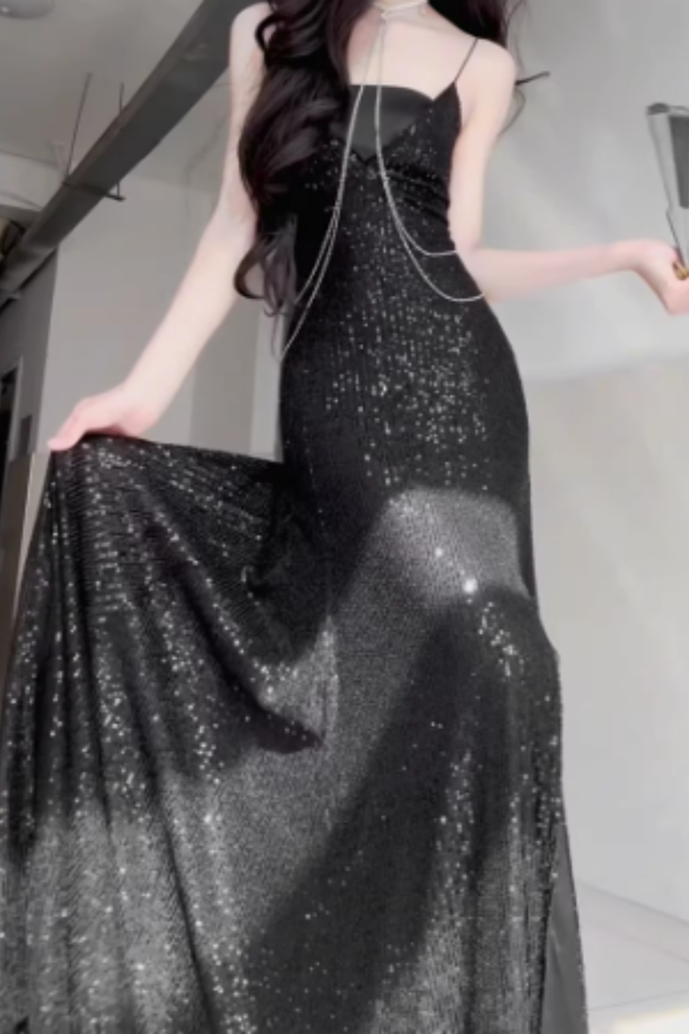 Black Sequin Spaghetti Strap Chain Detail Lace-up Back Mermaid Prom Dress, Split Formal Evening Gown Floral-011