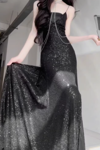 Black Sequin Spaghetti Strap Chain Detail Lace-up Back Mermaid Prom Dress, Split Formal Evening Gown Floral-011