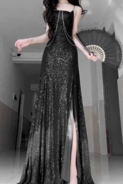 Black Sequin Spaghetti Strap Chain Detail Lace-up Back Mermaid Prom Dress, Split Formal Evening Gown Floral-011