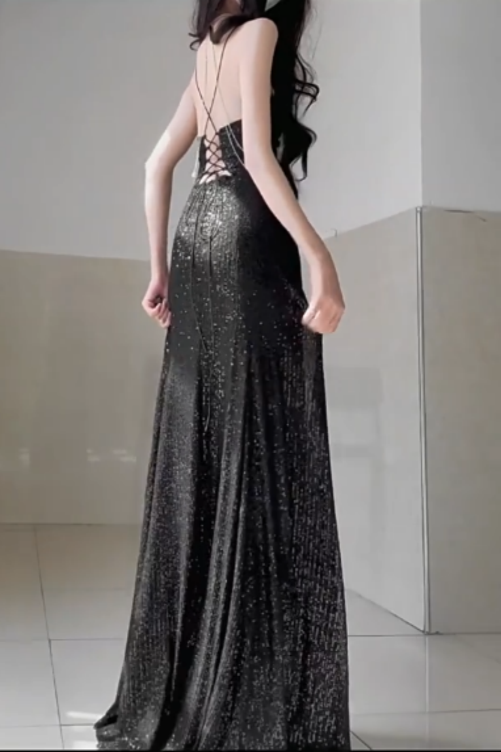 Black Sequin Spaghetti Strap Chain Detail Lace-up Back Mermaid Prom Dress, Split Formal Evening Gown Floral-011
