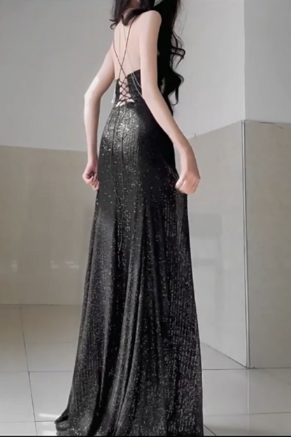 Black Sequin Spaghetti Strap Chain Detail Lace-up Back Mermaid Prom Dress, Split Formal Evening Gown Floral-011