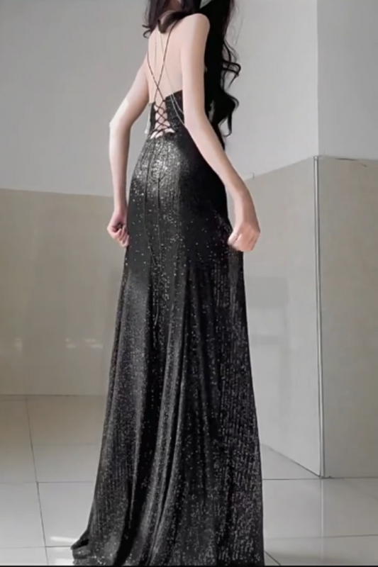 Black Sequin Spaghetti Strap Chain Detail Lace-up Back Mermaid Prom Dress, Split Formal Evening Gown Floral-011