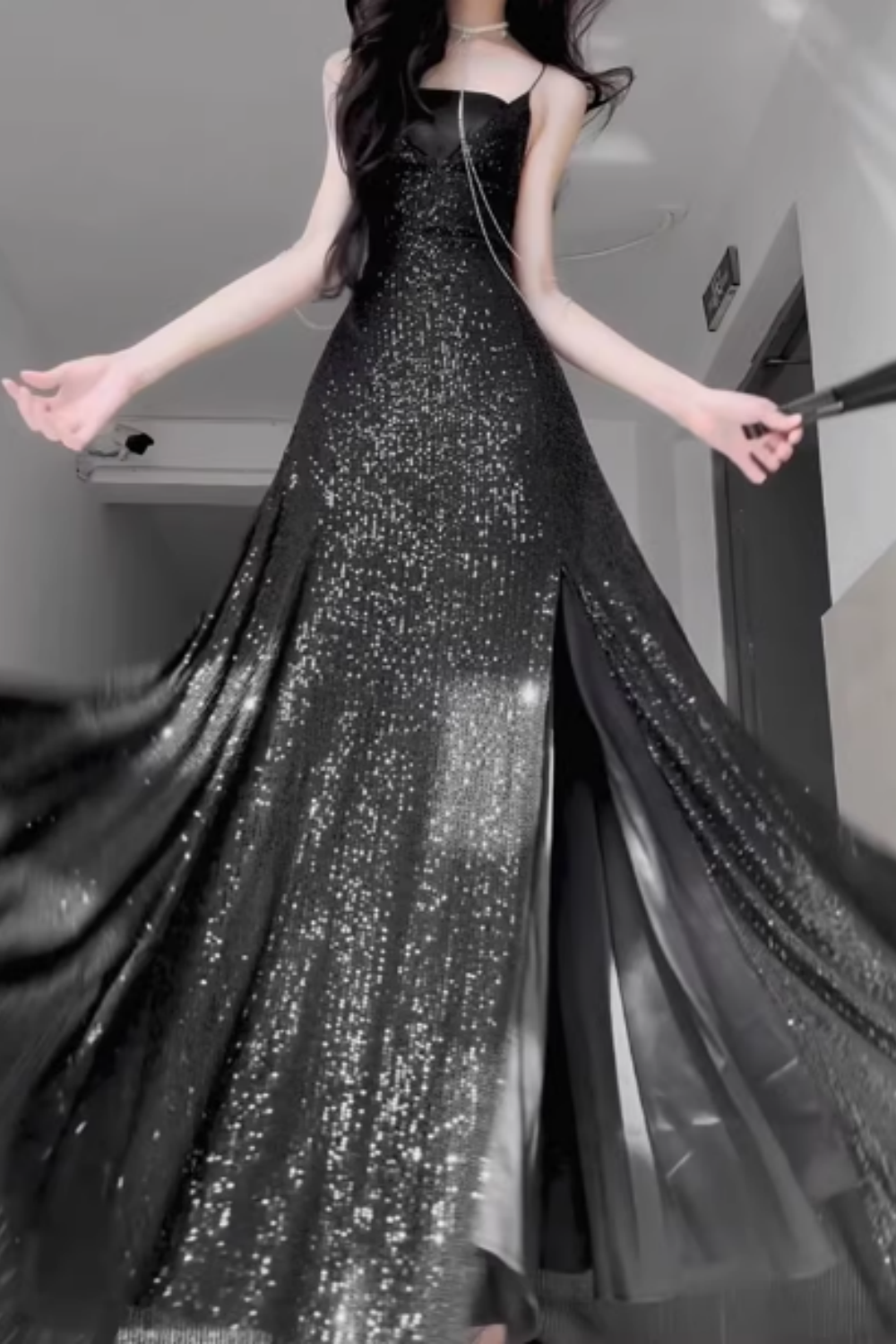 Black Sequin Spaghetti Strap Chain Detail Lace-up Back Mermaid Prom Dress, Split Formal Evening Gown Floral-011