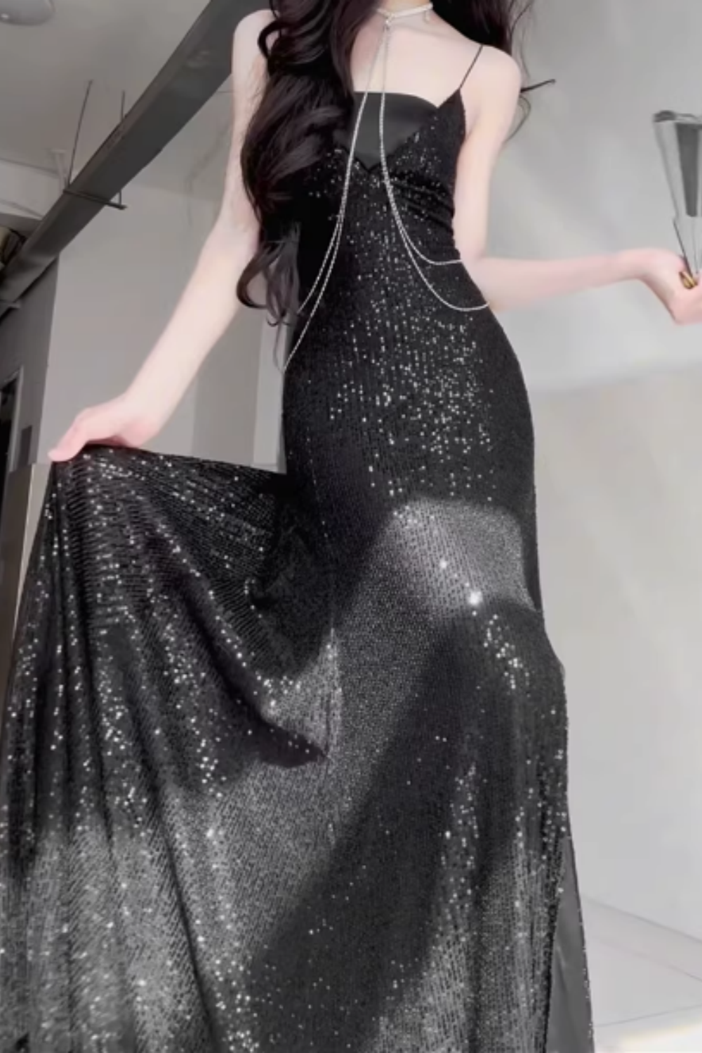 Black Sequin Spaghetti Strap Chain Detail Lace-up Back Mermaid Prom Dress, Split Formal Evening Gown Floral-011