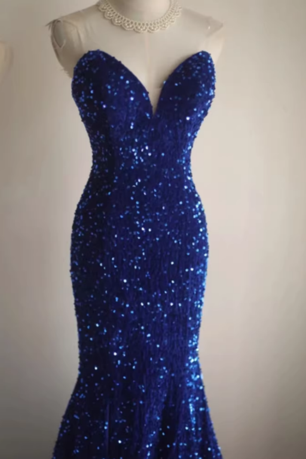 Royal Blue Sequin Strapless V-neck Mermaid Prom Dress, Split Formal Evening Gown with Train Floral-012