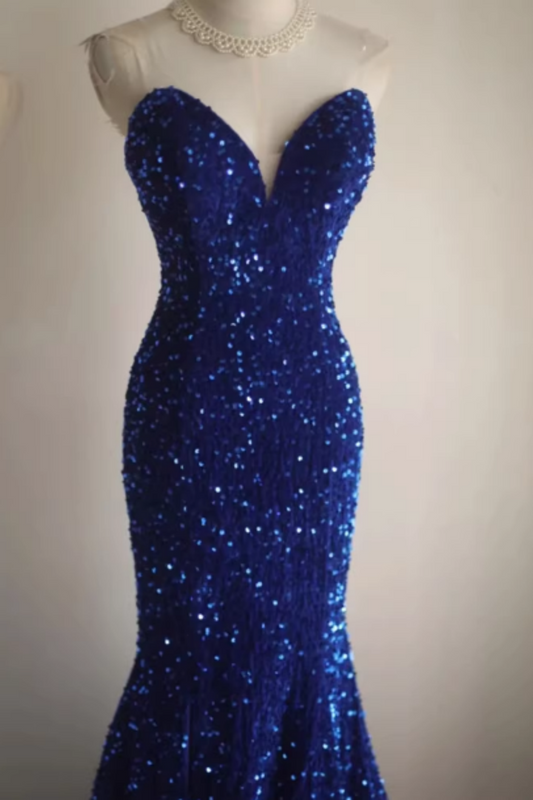 Royal Blue Sequin Strapless V-neck Mermaid Prom Dress, Split Formal Evening Gown with Train Floral-012