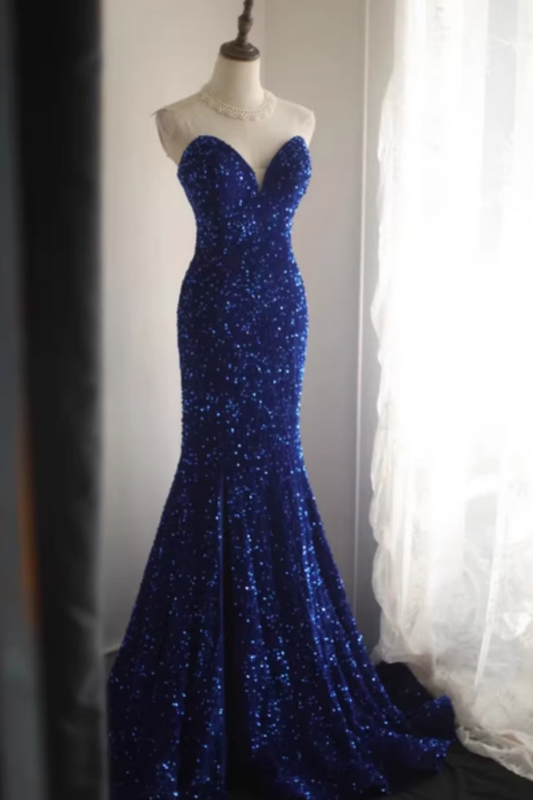 Royal Blue Sequin Strapless V-neck Mermaid Prom Dress, Split Formal Evening Gown with Train Floral-012