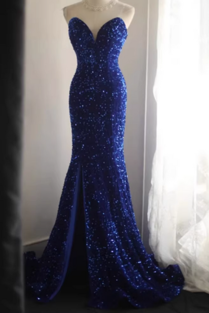 Royal Blue Sequin Strapless V-neck Mermaid Prom Dress, Split Formal Evening Gown with Train Floral-012