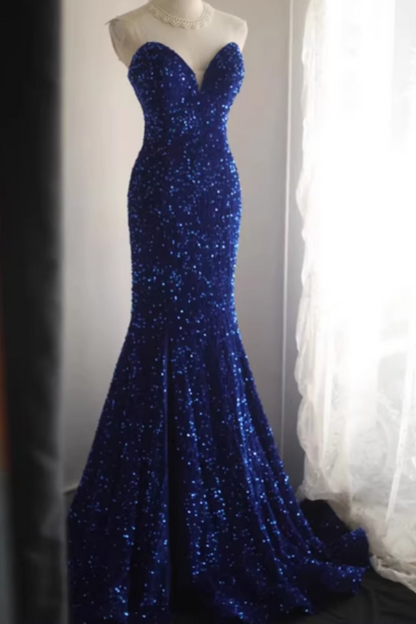 Royal Blue Sequin Strapless V-neck Mermaid Prom Dress, Split Formal Evening Gown with Train Floral-012